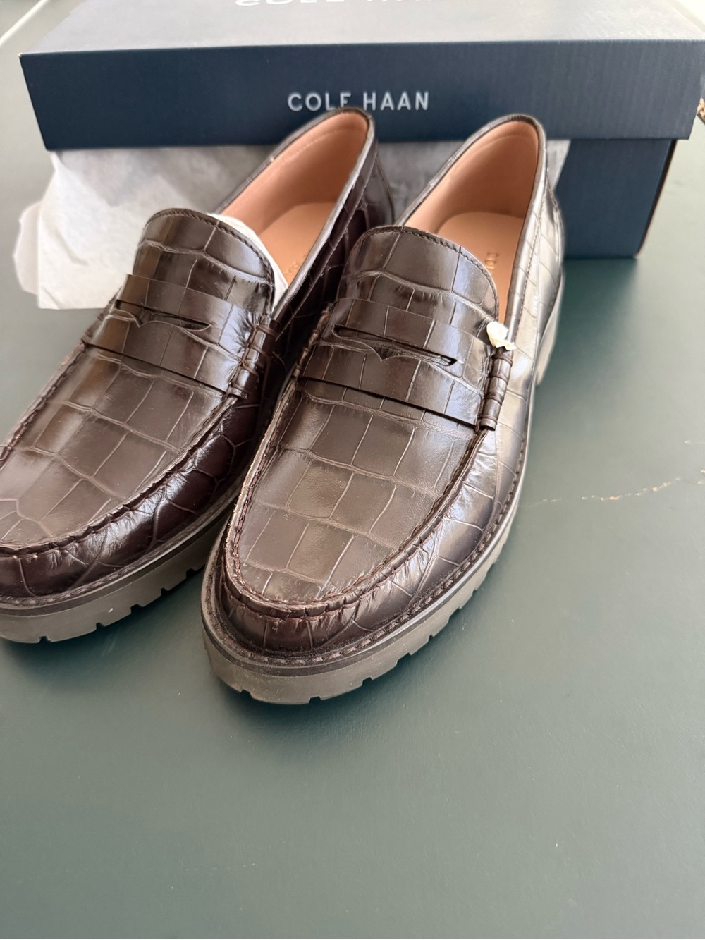BRAND NEW! Cole Haan Dark Brown Croc-Embossed Penny Loafers